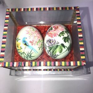 Asian egg Hand Painted 2pc in glass Display Case Box Blue Birds, Flowers…